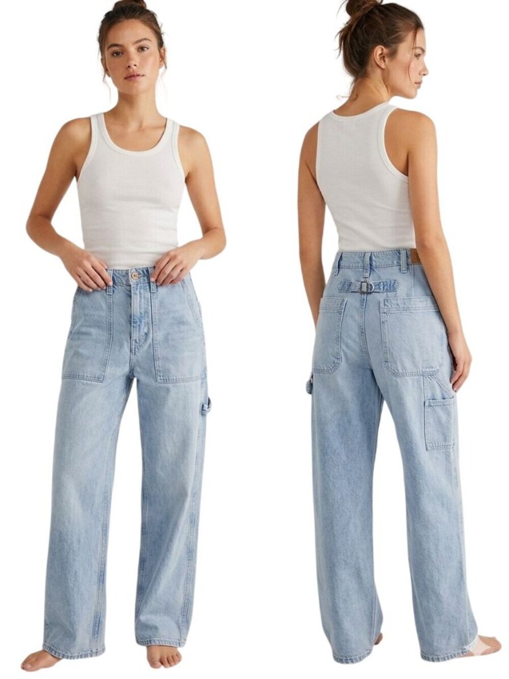 Free People We The Free Wide Leg Carpenter Pants Buckle Detail Pockets Size 28